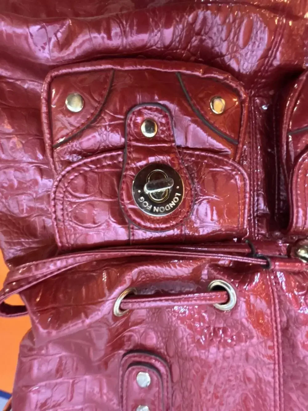 London Fog Red Faux Croc Patent Leather Tote Bag